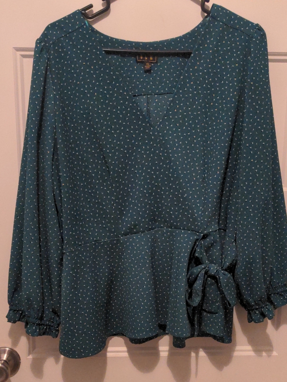 OLM Dark Teal Micro Dot Peplum Wrap Top XL